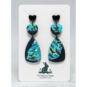 Handmade Black, Blue & Green Large Polymer Clay Dangle Earrings Stainless Posts